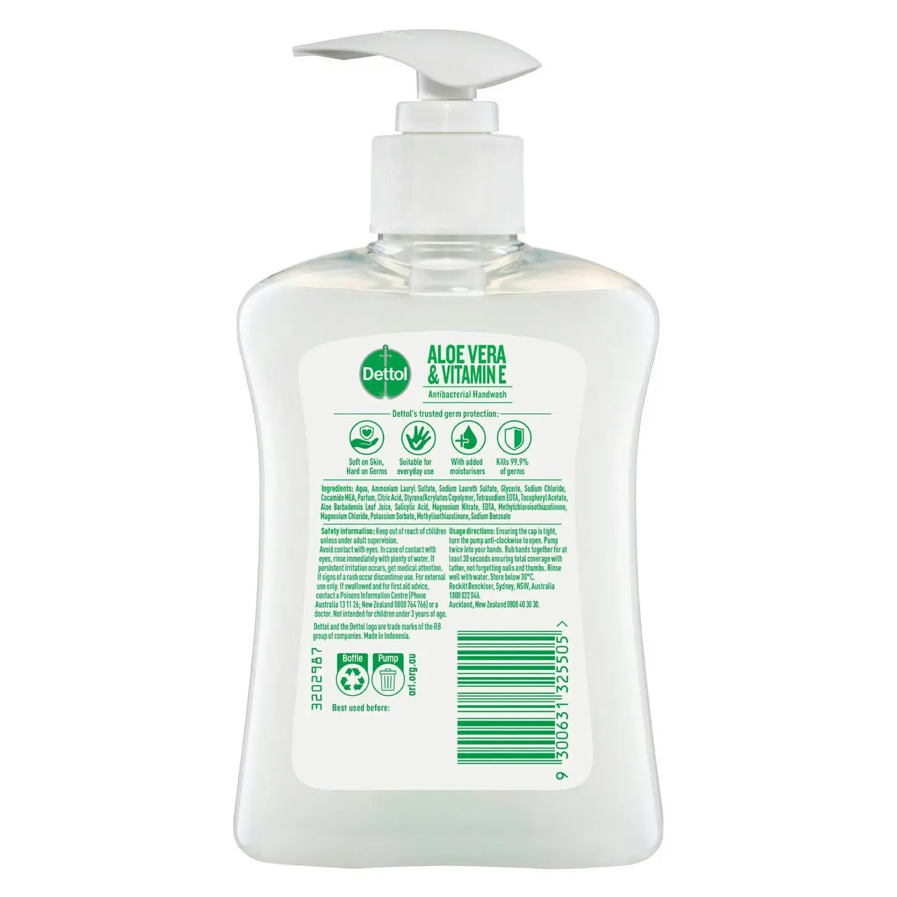 Dettol Antibacterial Liquid Hand Wash Pump Aloe Vera and Vitamin E 250mL