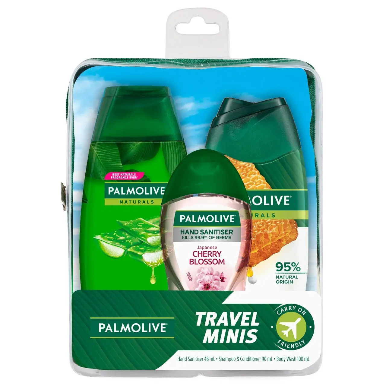 Palmolive Travel Minis Pack, Antibacterial Hand Sanitiser 48mL, Hair Shampoo & Conditioner 90mL, Body Wash 100mL