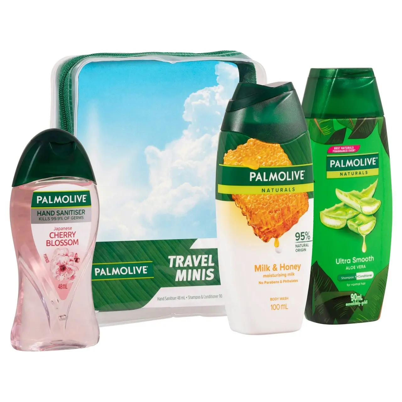 Palmolive Travel Minis Pack, Antibacterial Hand Sanitiser 48mL, Hair Shampoo & Conditioner 90mL, Body Wash 100mL