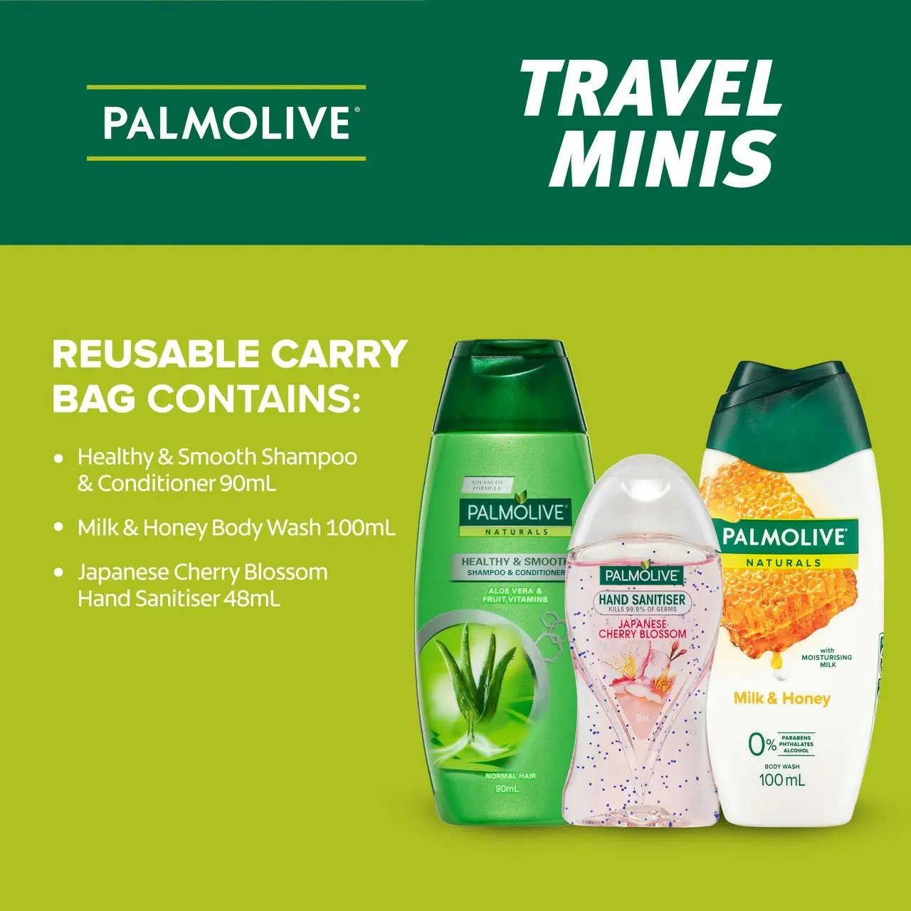 Palmolive Travel Minis Pack, Antibacterial Hand Sanitiser 48mL, Hair Shampoo & Conditioner 90mL, Body Wash 100mL