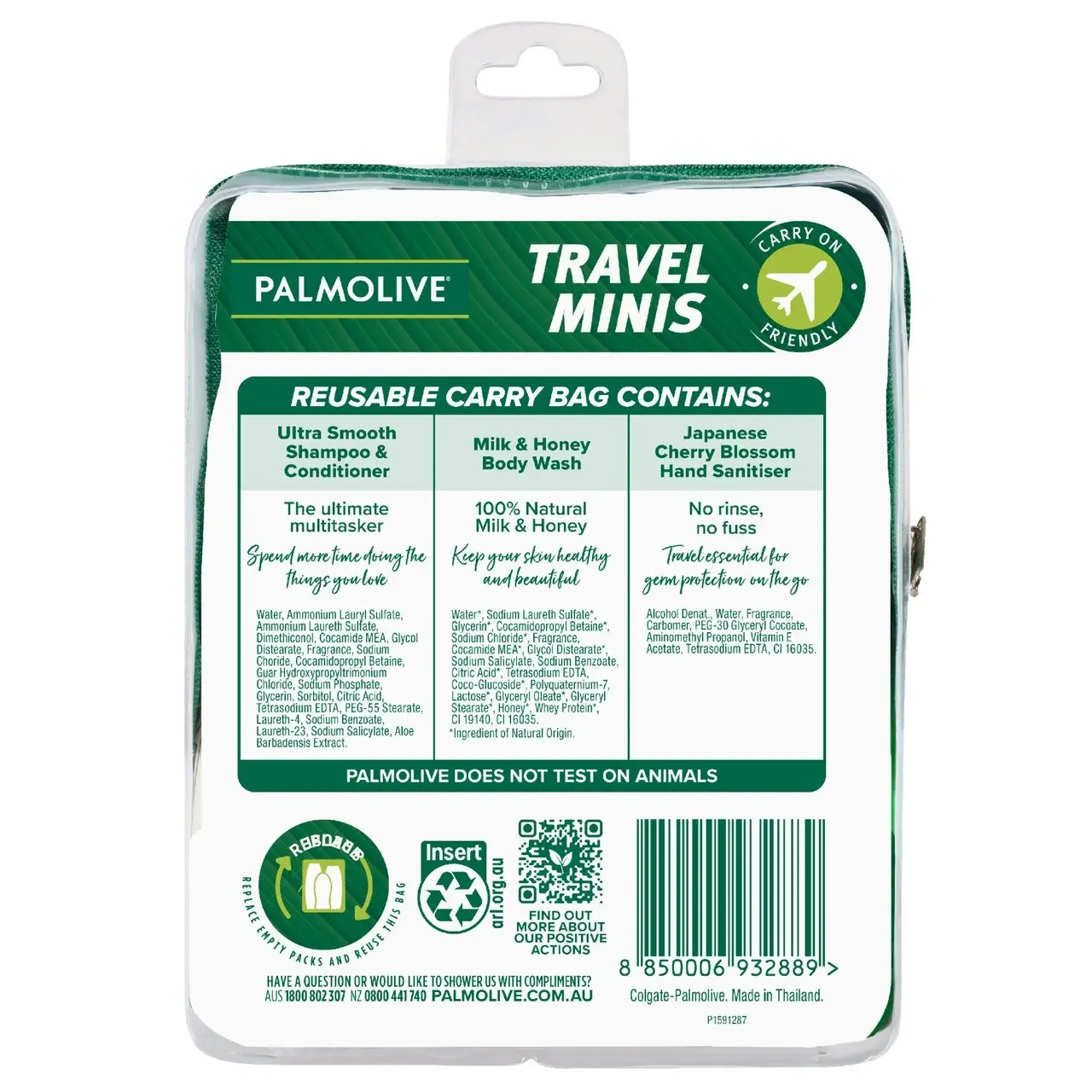 Palmolive Travel Minis Pack, Antibacterial Hand Sanitiser 48mL, Hair Shampoo & Conditioner 90mL, Body Wash 100mL