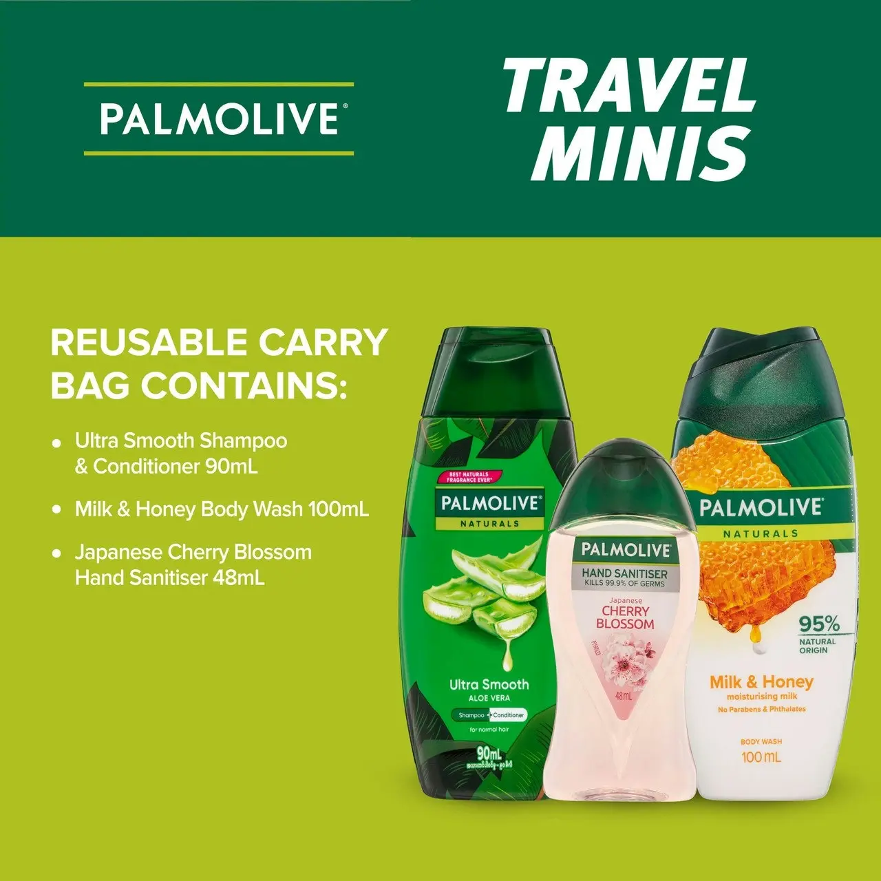 Palmolive Travel Minis Pack, Antibacterial Hand Sanitiser 48mL, Hair Shampoo & Conditioner 90mL, Body Wash 100mL