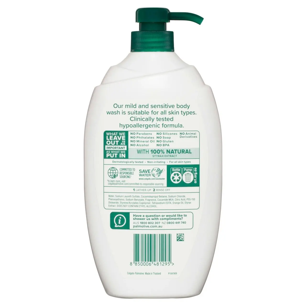 Palmolive Naturals Body Wash 1L Mild & Sensitive Soap Free Shower Gel, Clinically Tested, Non Irritating, Hypoallergenic