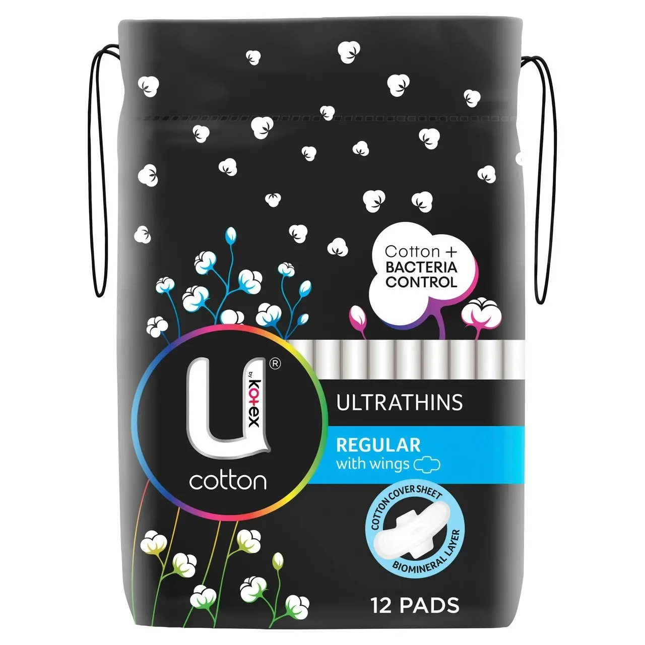 U by Kotex Cotton Ultrathin Pads Regular with Wings 12 Pack