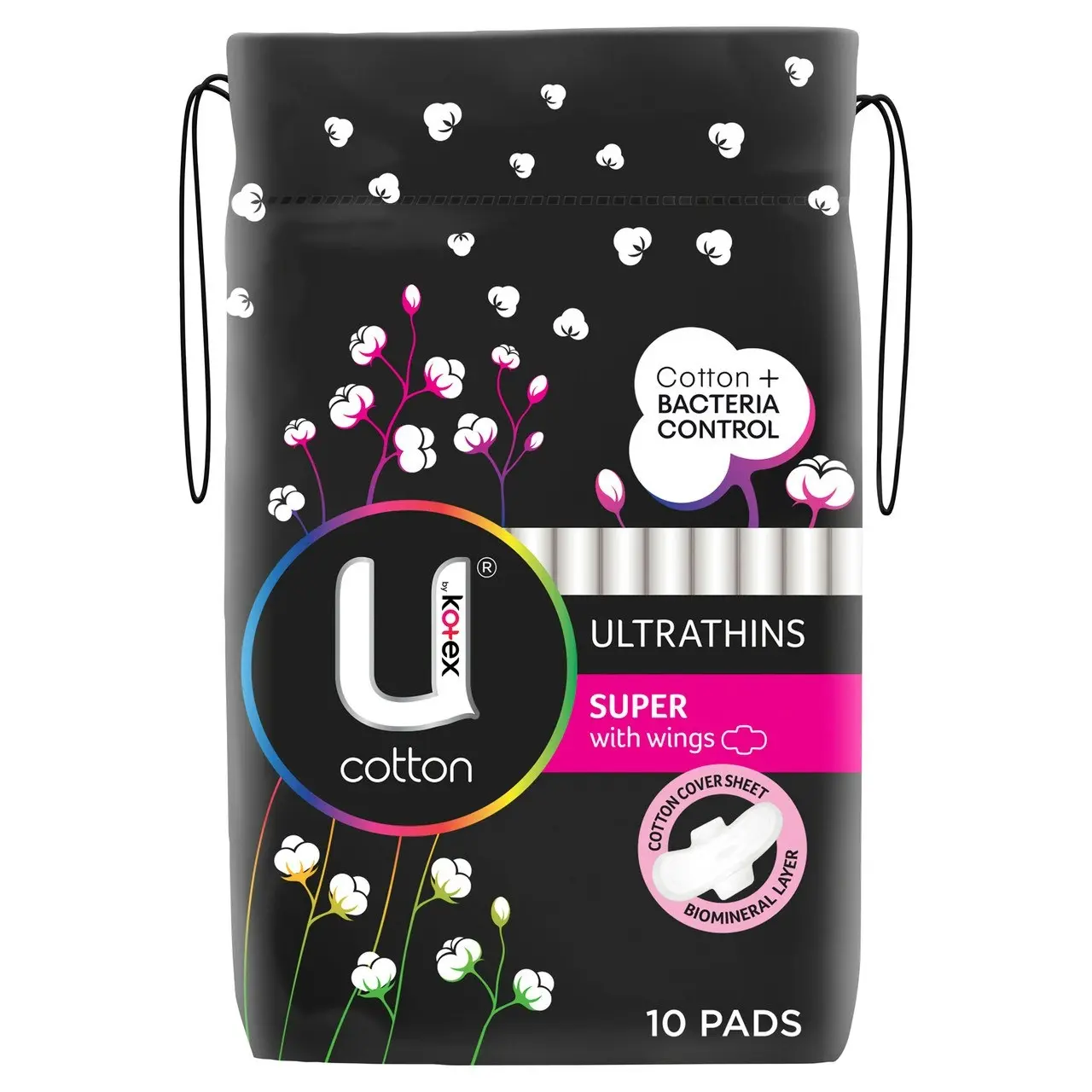 U by Kotex Cotton Ultrathin Pads Super with Wings 10 Pack