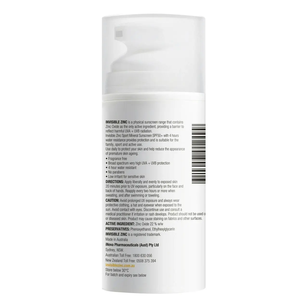 Invisible Zinc Sport Mineral Sunscreen SPF 50+ Cream 100mL