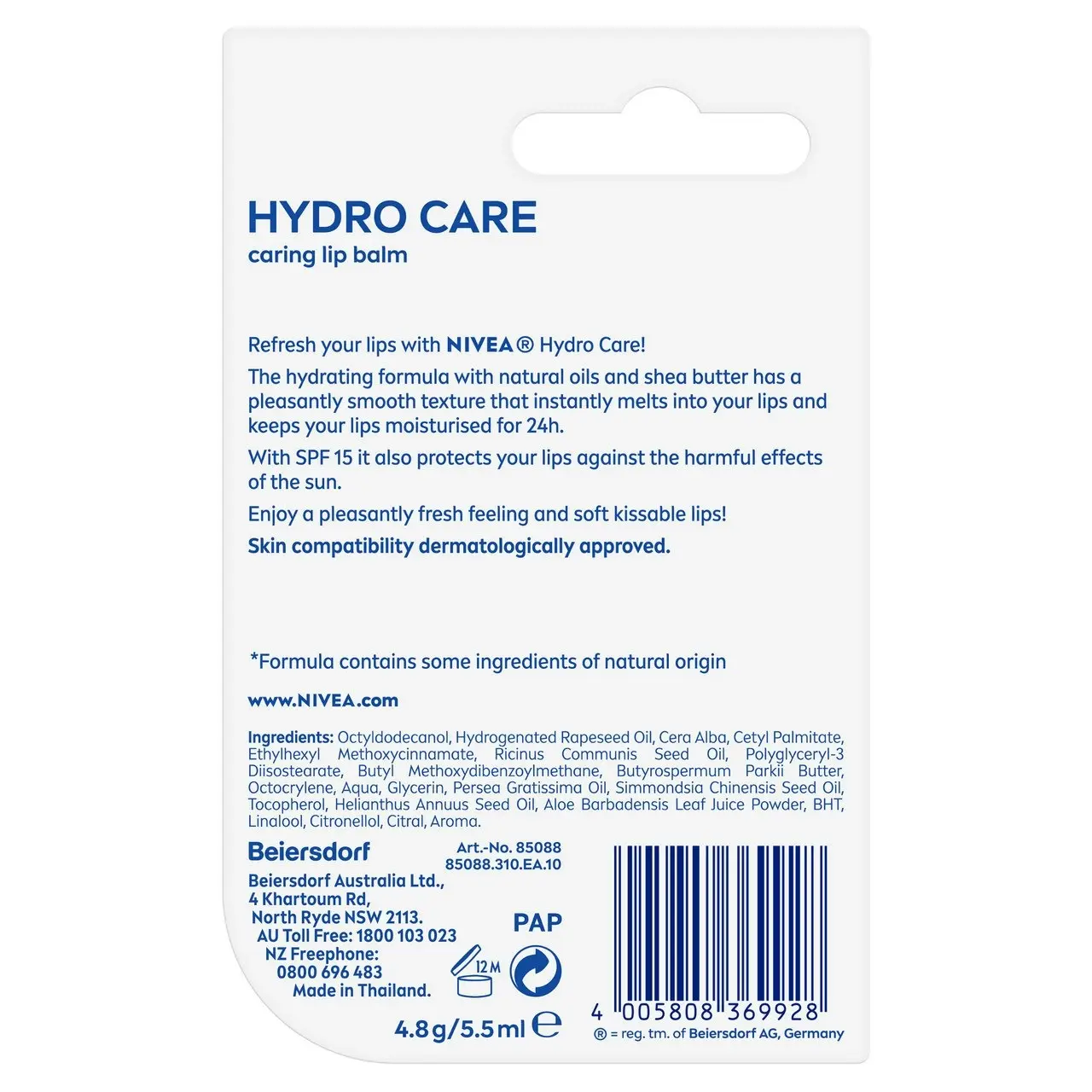 Nivea Hydro Care Lip Balm SPF15 4.8g