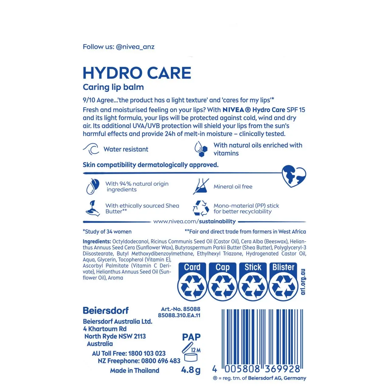 Nivea Hydro Care Lip Balm SPF15 4.8g