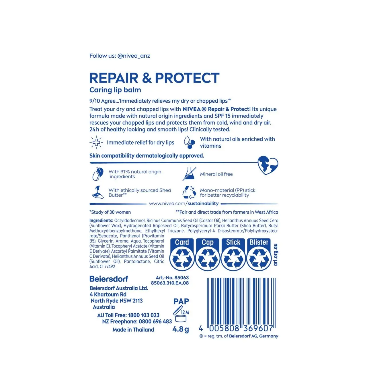 Nivea Repair & Protect Lip Balm SPF15 4.8g