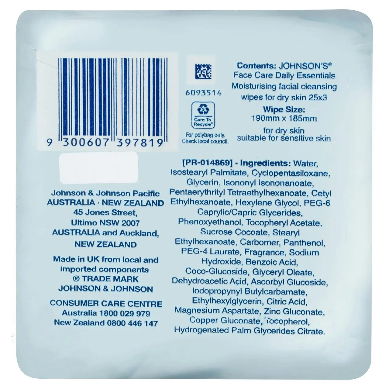 Johnson's Daily Essentials Facial Cleansing Wipes Dry Skin 3 x 25 Pack