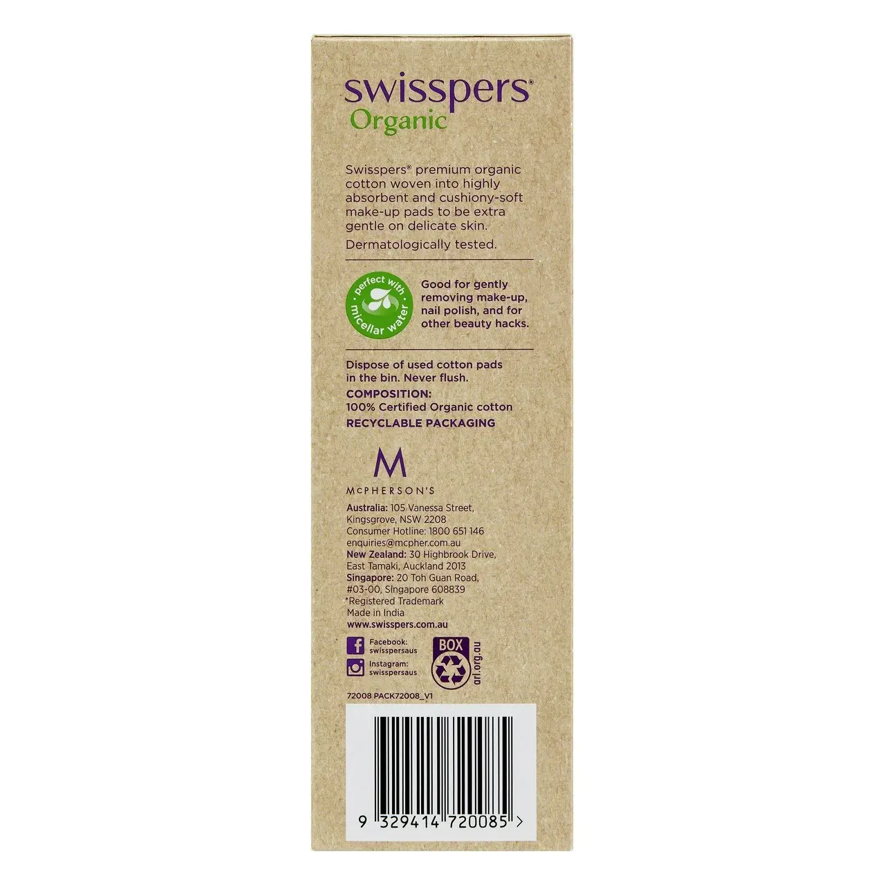 Swisspers Organic Cotton Pads 70 Pack - Eco Dispenser