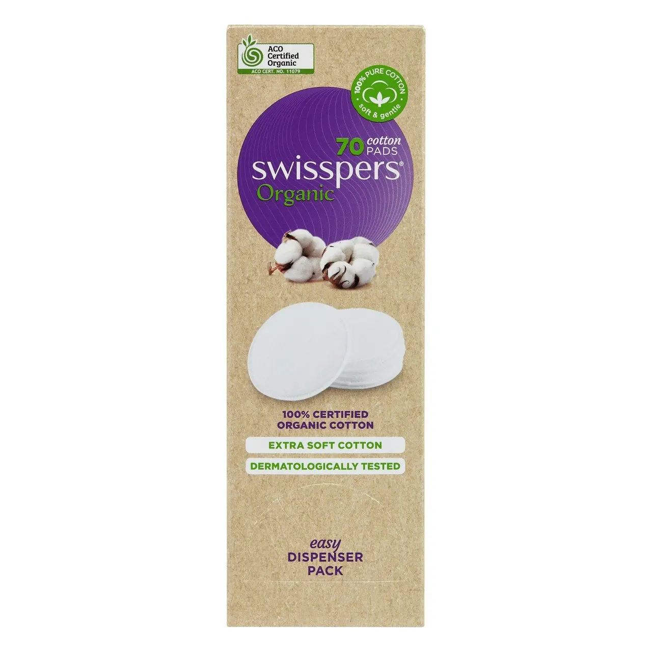 Swisspers Organic Cotton Pads 70 Pack - Eco Dispenser