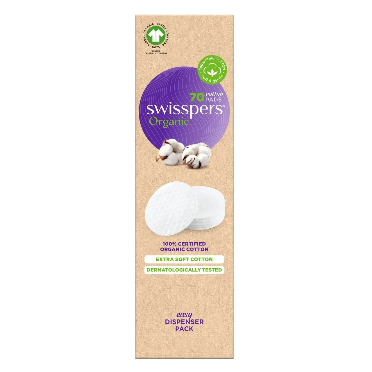 Swisspers Organic Cotton Pads 70 Pack - Eco Dispenser