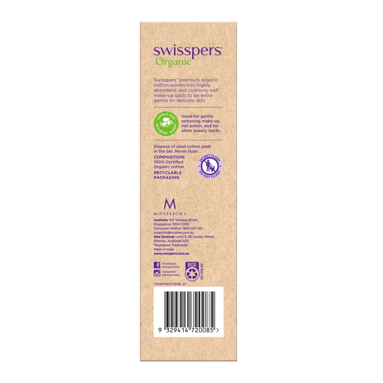 Swisspers Organic Cotton Pads 70 Pack - Eco Dispenser