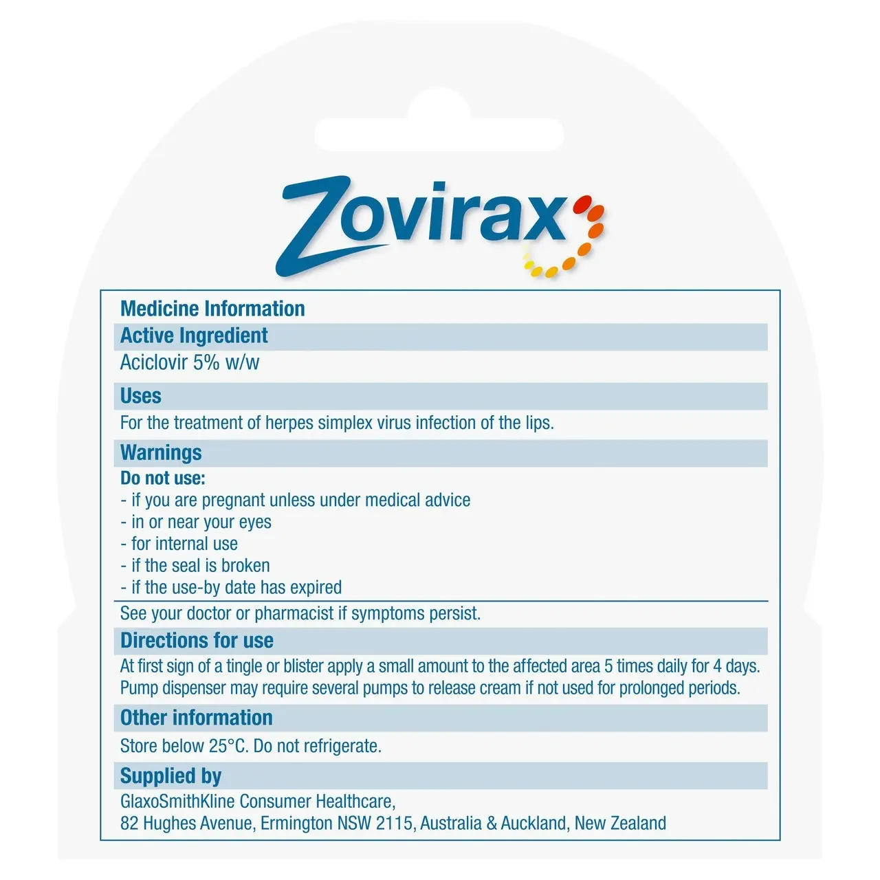 Zovirax Cold Sore Treatment Cream Pump 2g