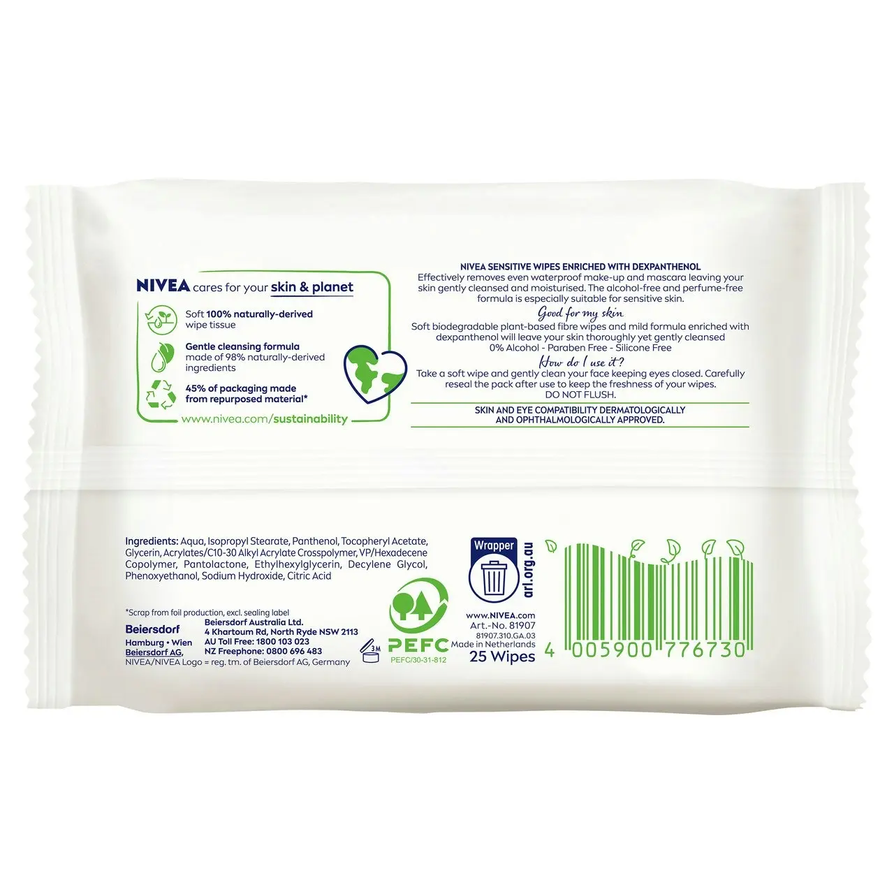 Nivea Sensitive Biodegradable Cleansing Wipes for Sensitive Skin 25 pack