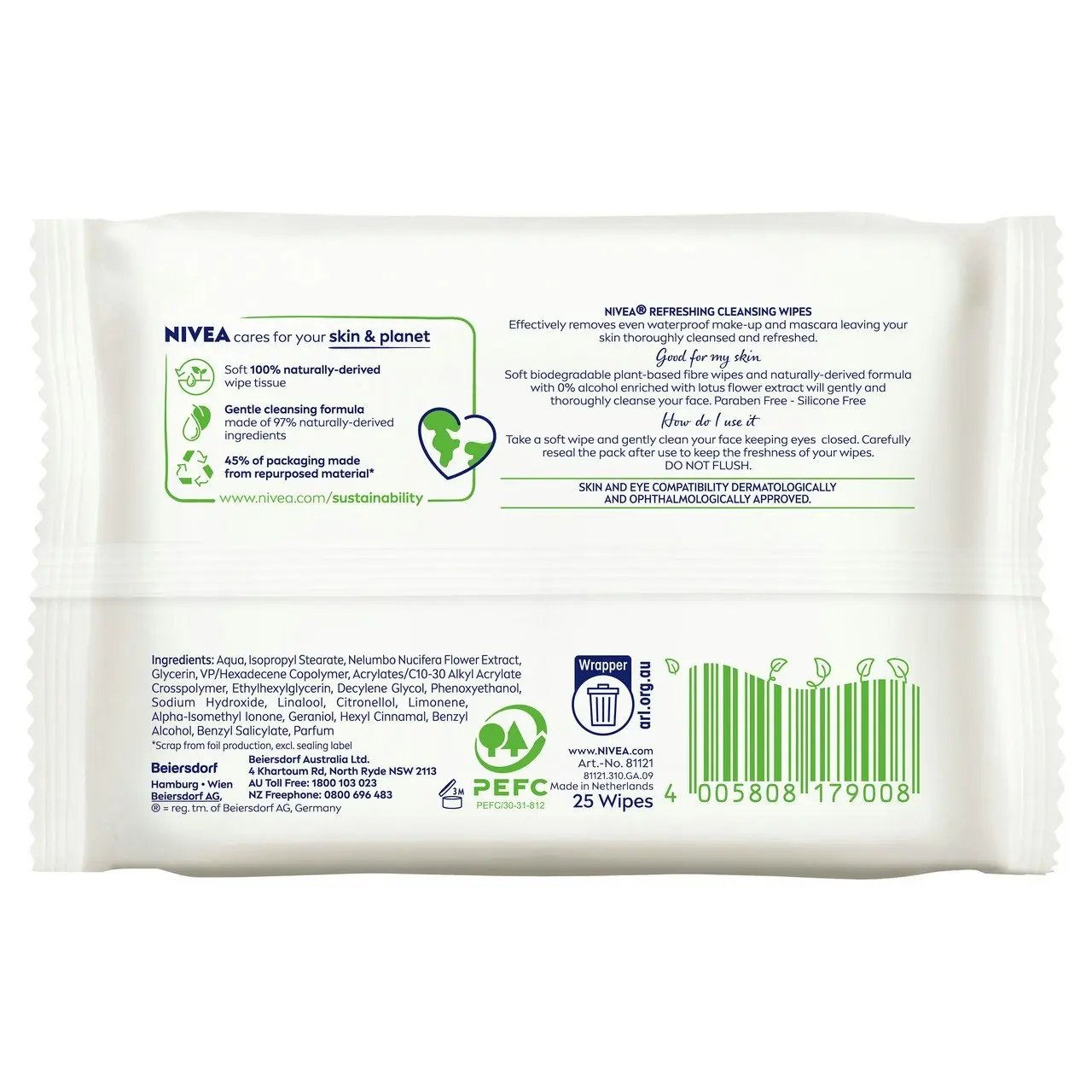 Nivea Refreshing Biodegradable Cleansing Wipes 25 pack