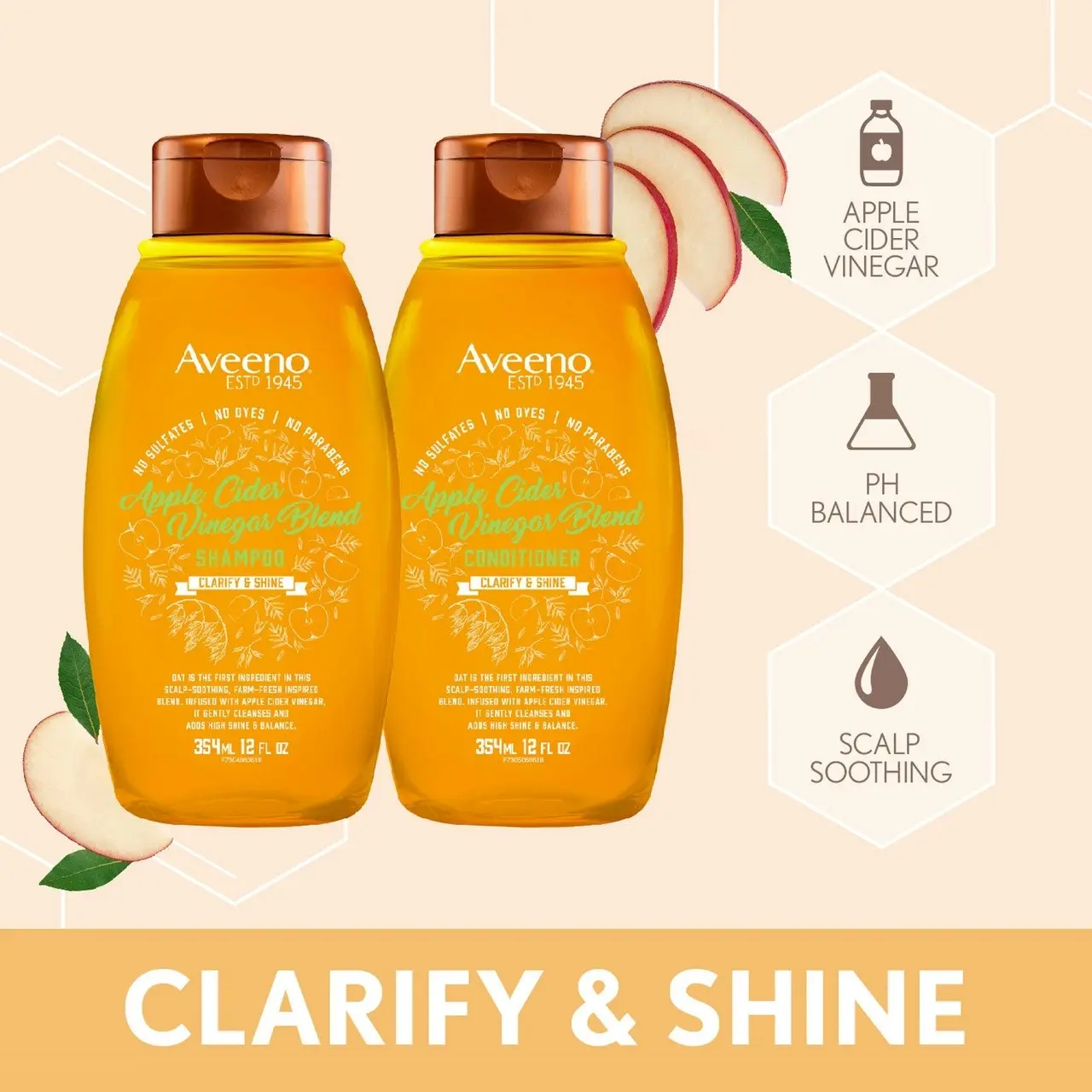 Aveeno Clarify & Shine Apple Cider Vinegar Blend Shampoo For Scalp Soothing & Gentle Cleansing 354mL