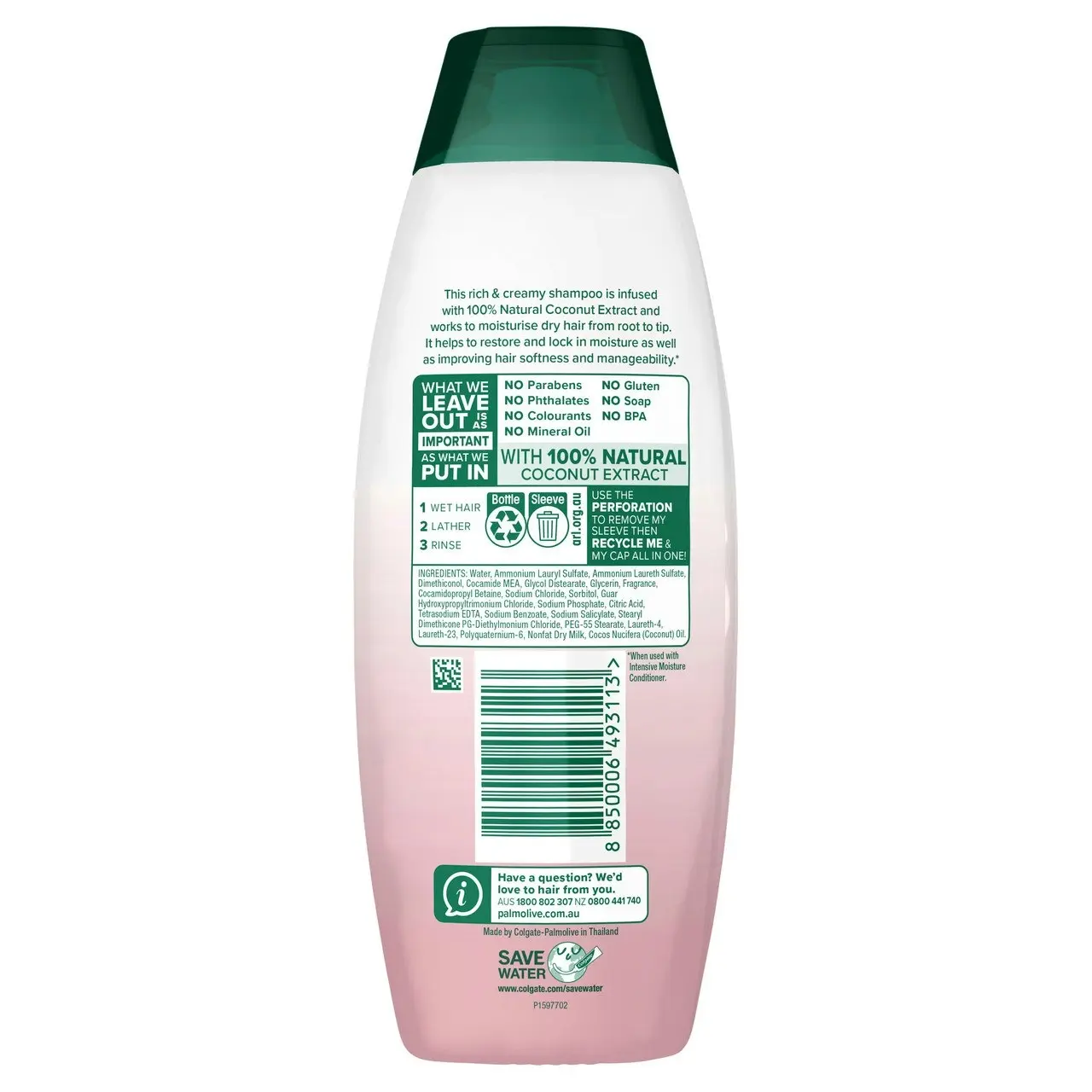 Palmolive Naturals Hair Shampoo, 350mL, Intensive Moisture with Coconut Cream, For Coarse or Dry Hair