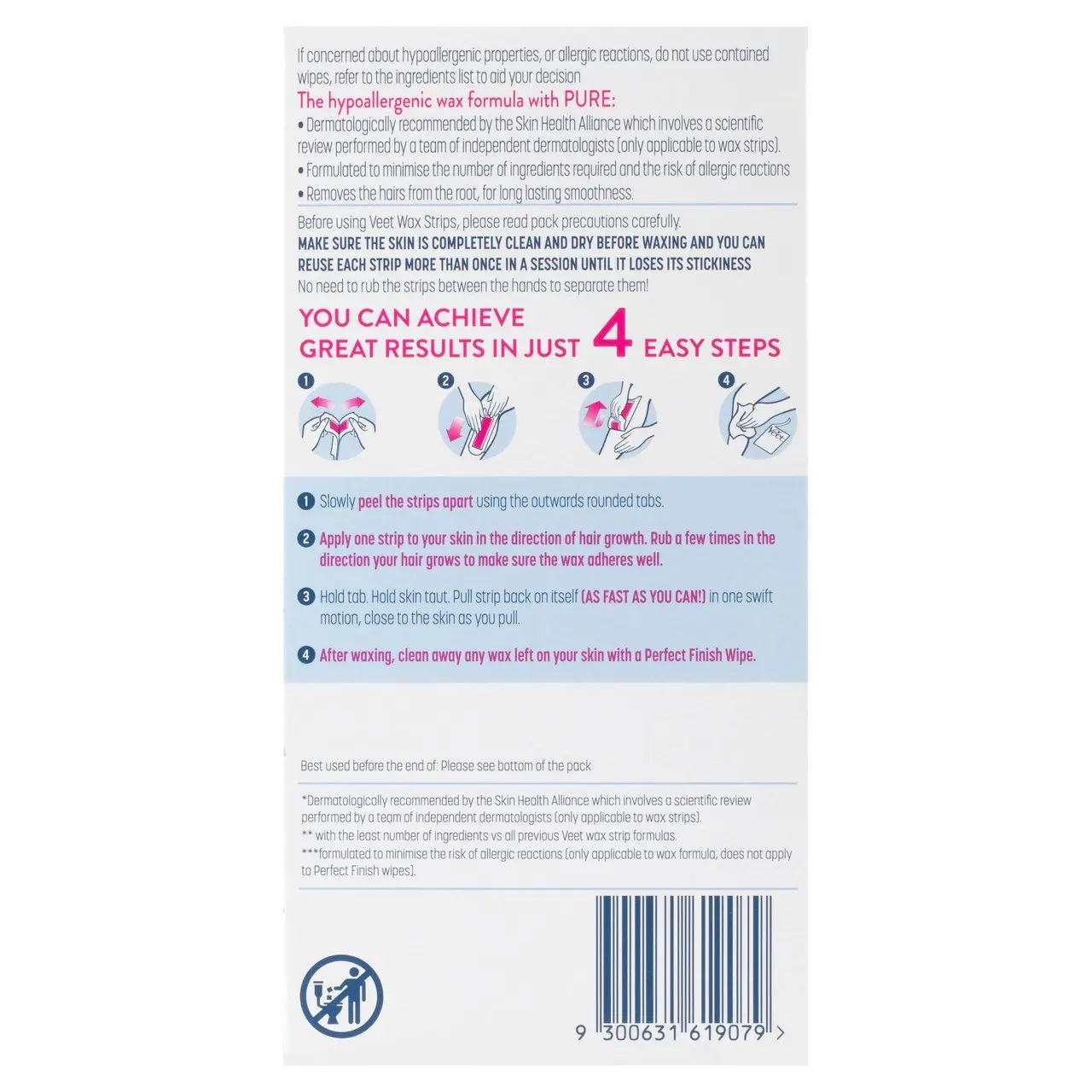 Veet Pure Hair Removal Cold Wax Strips Legs and Body Sensitive Skin 40 Pack