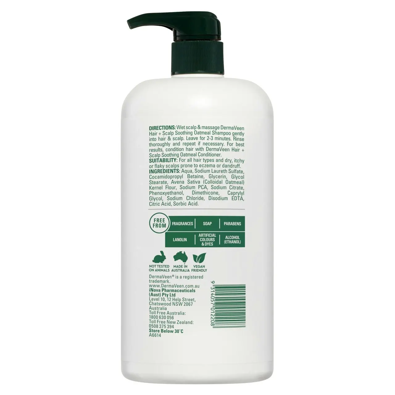 DermaVeen Hair + Scalp Soothing Oatmeal Shampoo for Dry, Flaky or Sensitive Scalps 1L