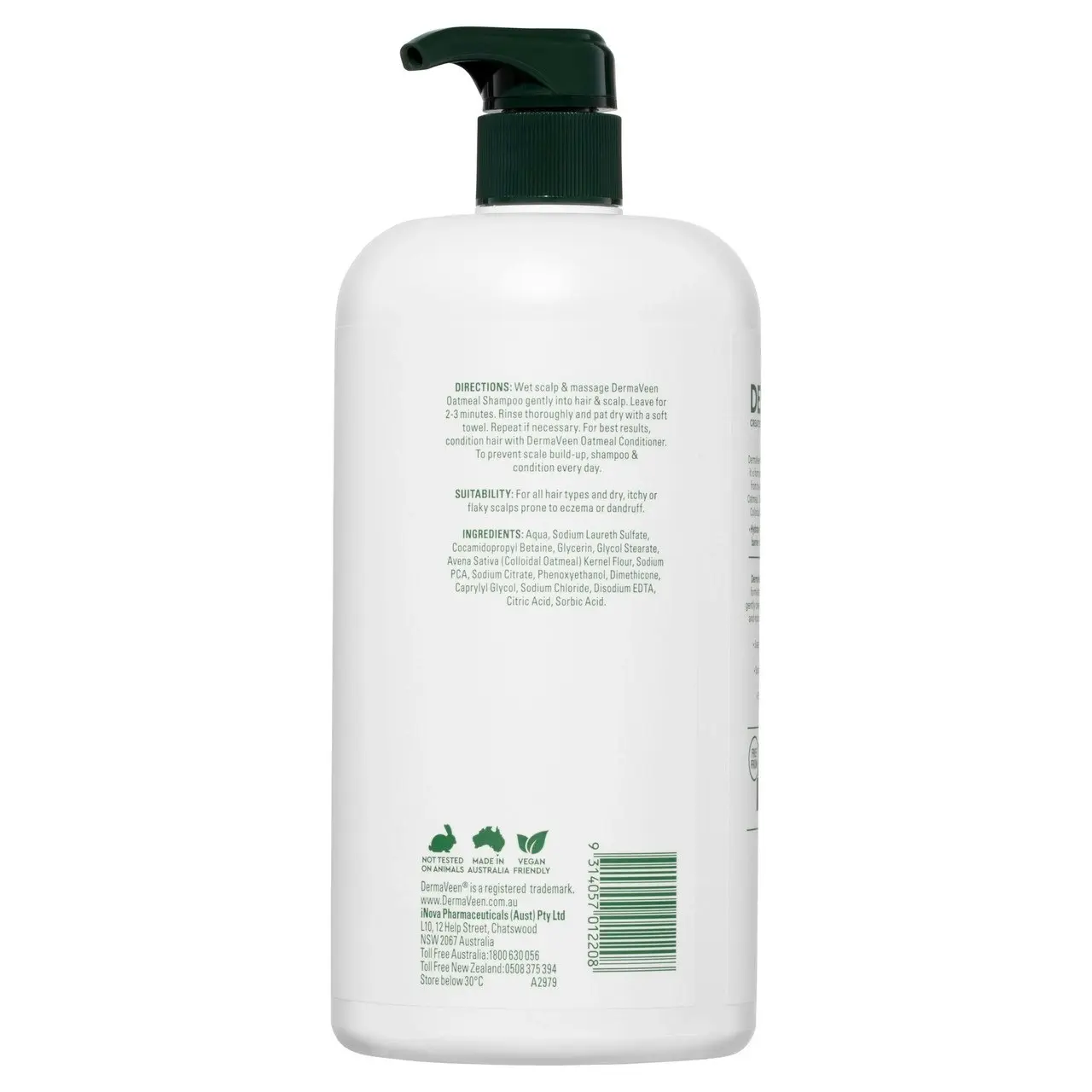 DermaVeen Hair + Scalp Soothing Oatmeal Shampoo for Dry, Flaky or Sensitive Scalps 1L