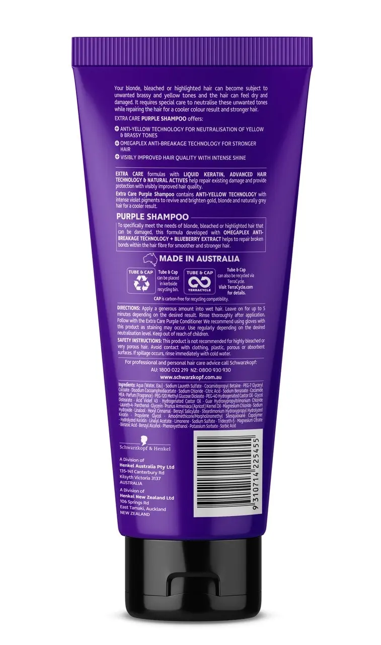 Schwarzkopf Extra Care Blonde Anti-Yellow Toning Purple Shampoo 250mL