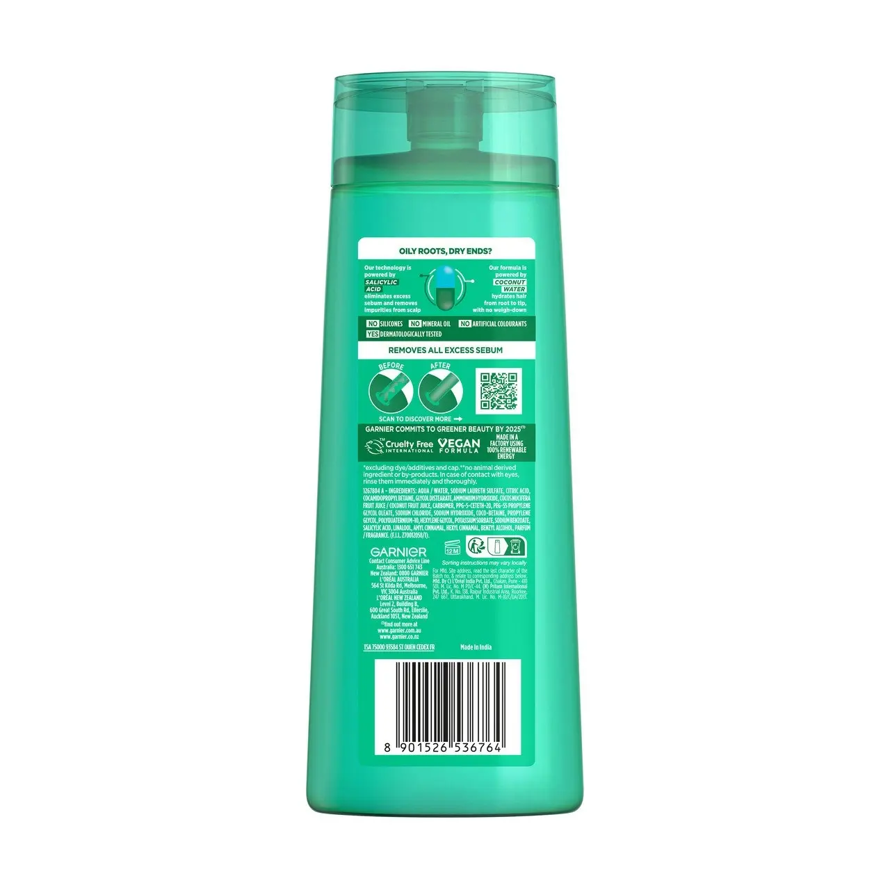 Garnier Fructis Coconut Water Shampoo 315ml for Oily Roots, Dry Ends