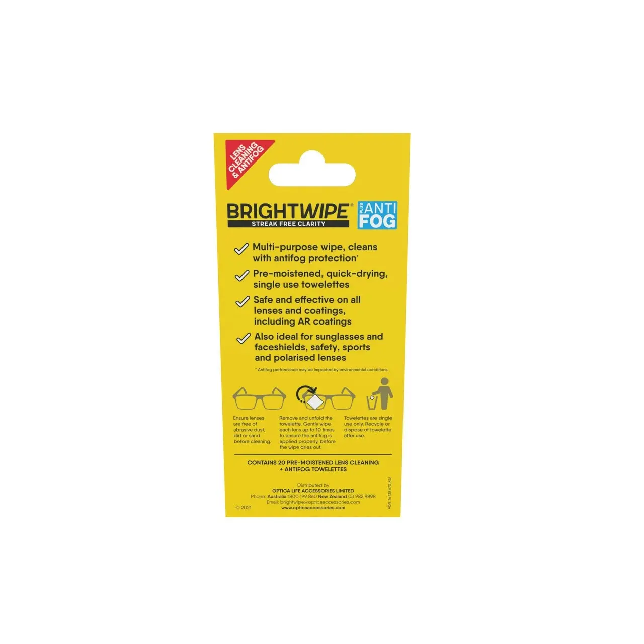 BRIGHTWIPE 20pcs Lens Cleaner Antifog Wipes