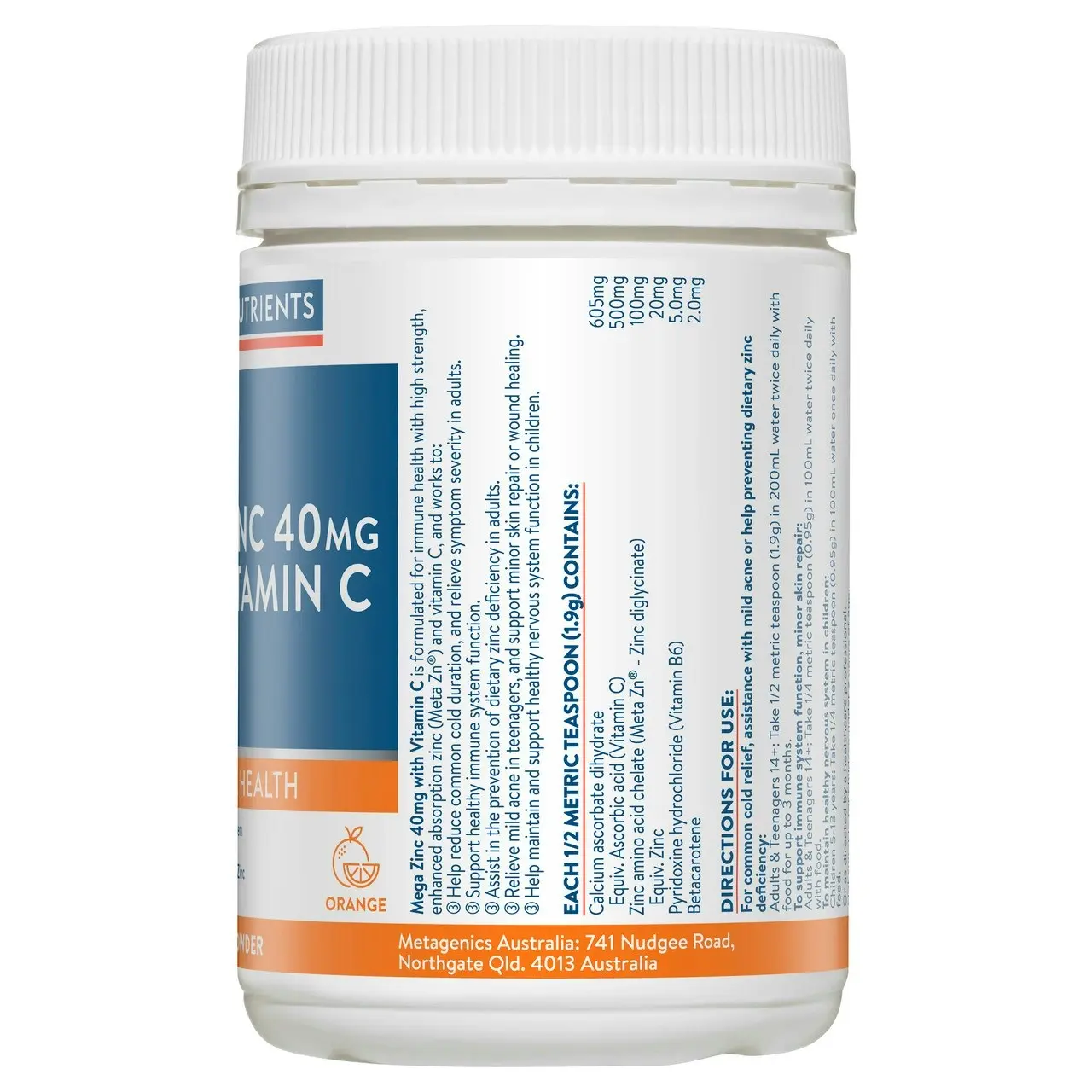 Ethical Nutrients Mega Zinc 40mg with Vitamin C Orange 190g Powder