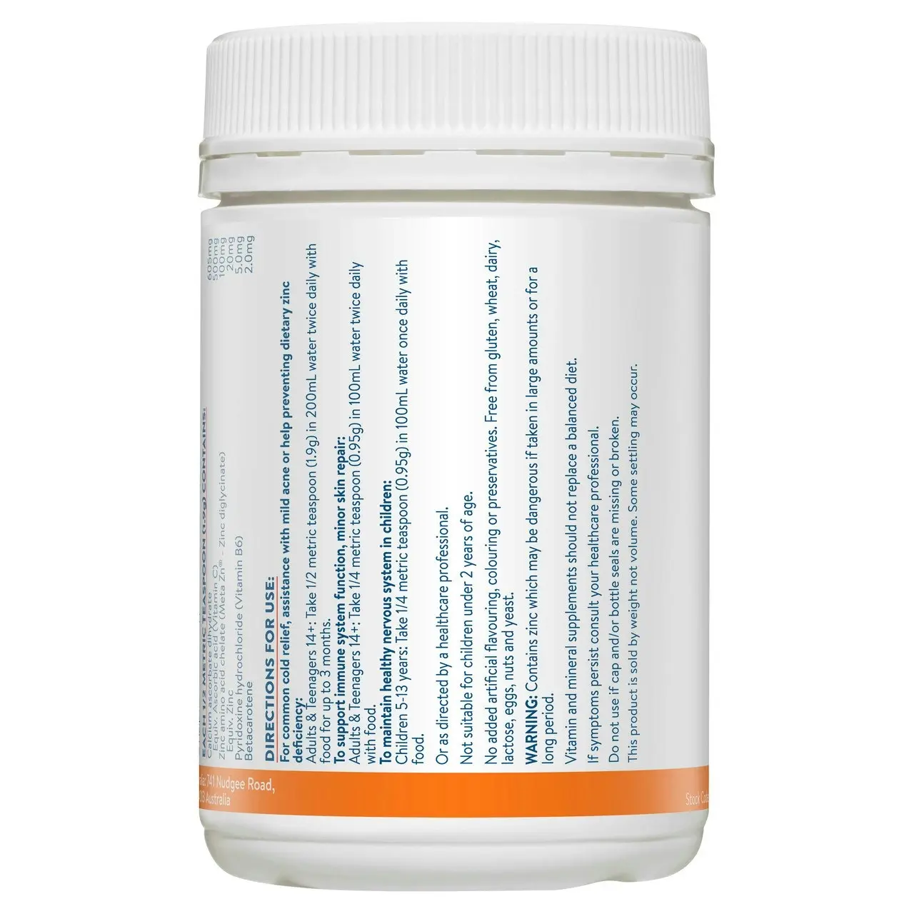 Ethical Nutrients Mega Zinc 40mg with Vitamin C Orange 190g Powder