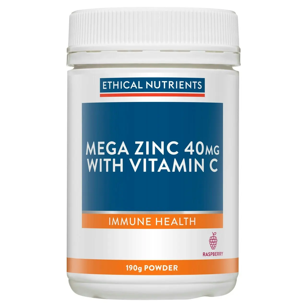 Ethical Nutrients Mega Zinc 40mg with Vitamin C Raspberry 190g Powder