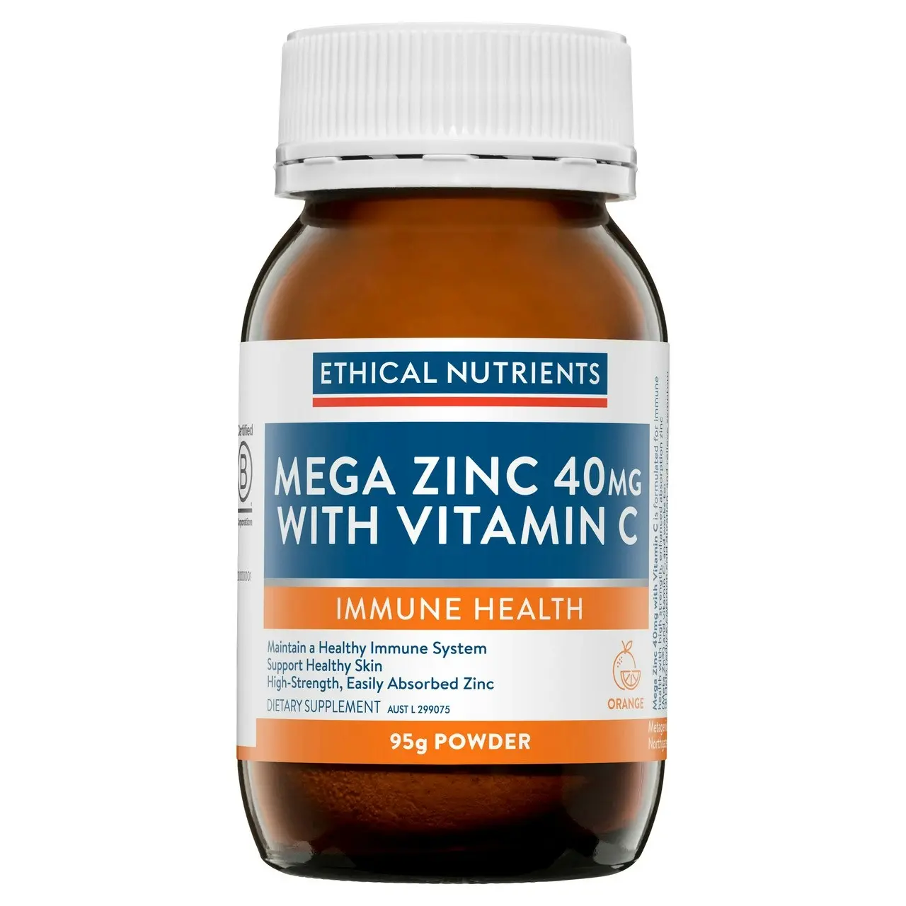 Ethical Nutrients Mega Zinc 40mg with Vitamin C Orange 95g Powder