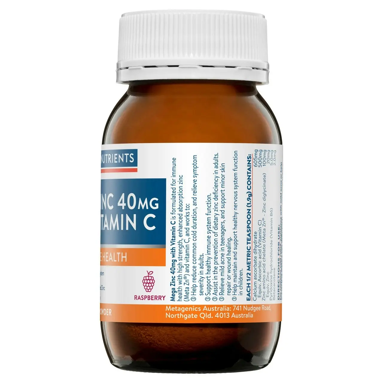 Ethical Nutrients Mega Zinc 40mg with Vitamin C Raspberry 95g Powder