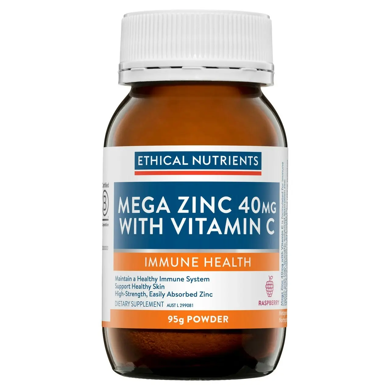 Ethical Nutrients Mega Zinc 40mg with Vitamin C Raspberry 95g Powder