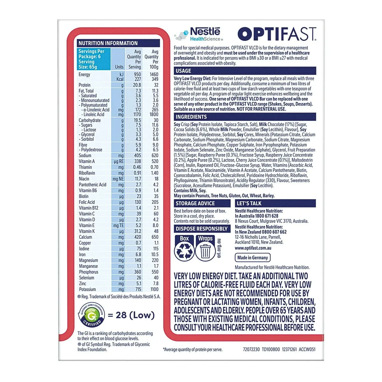 OPTIFAST VLCD Bar Berry Crunch 6 Pack 390g