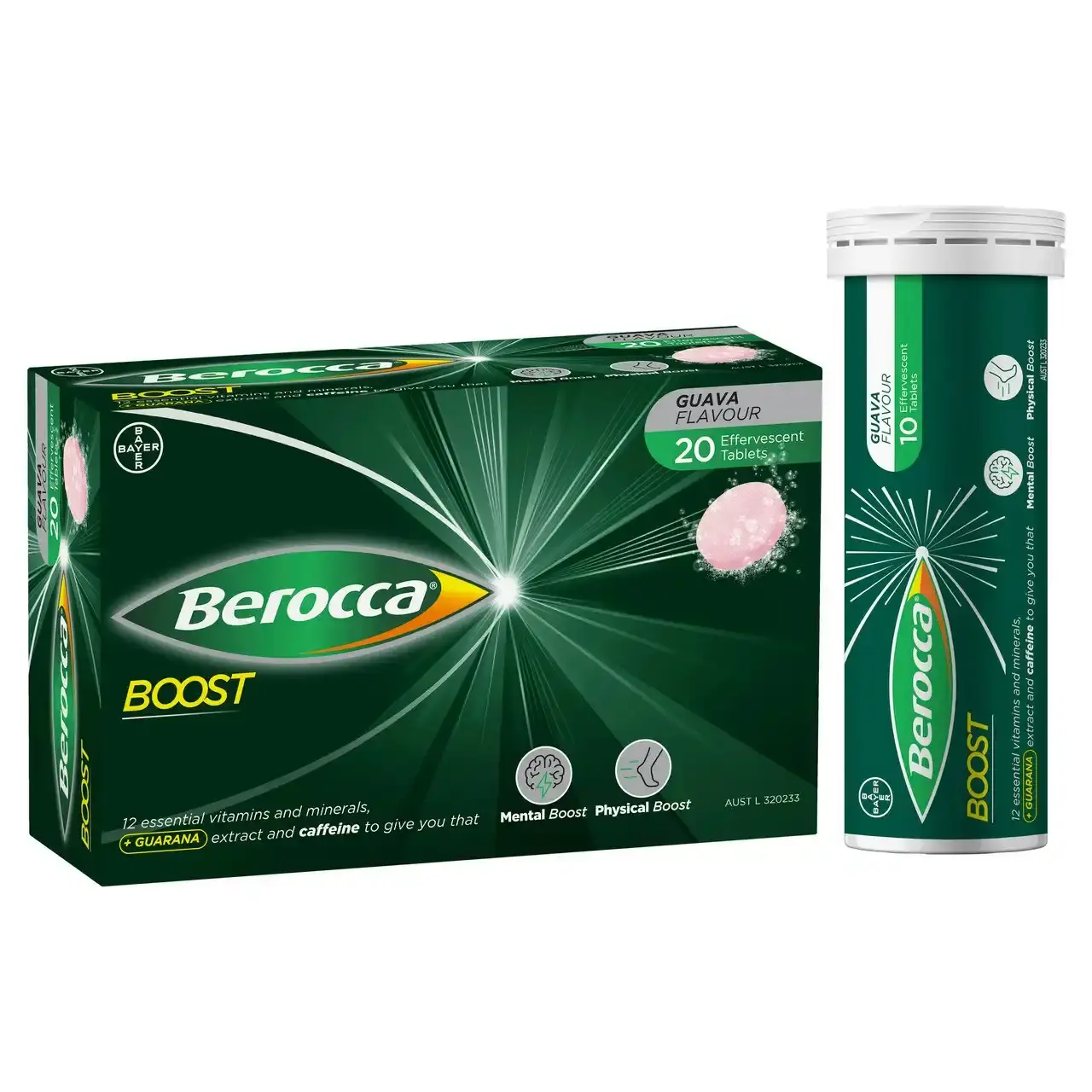 Berocca Boost Vitamin B & C Guava Flavour With Guarana Energy Effervescent Tablets 20 Pack