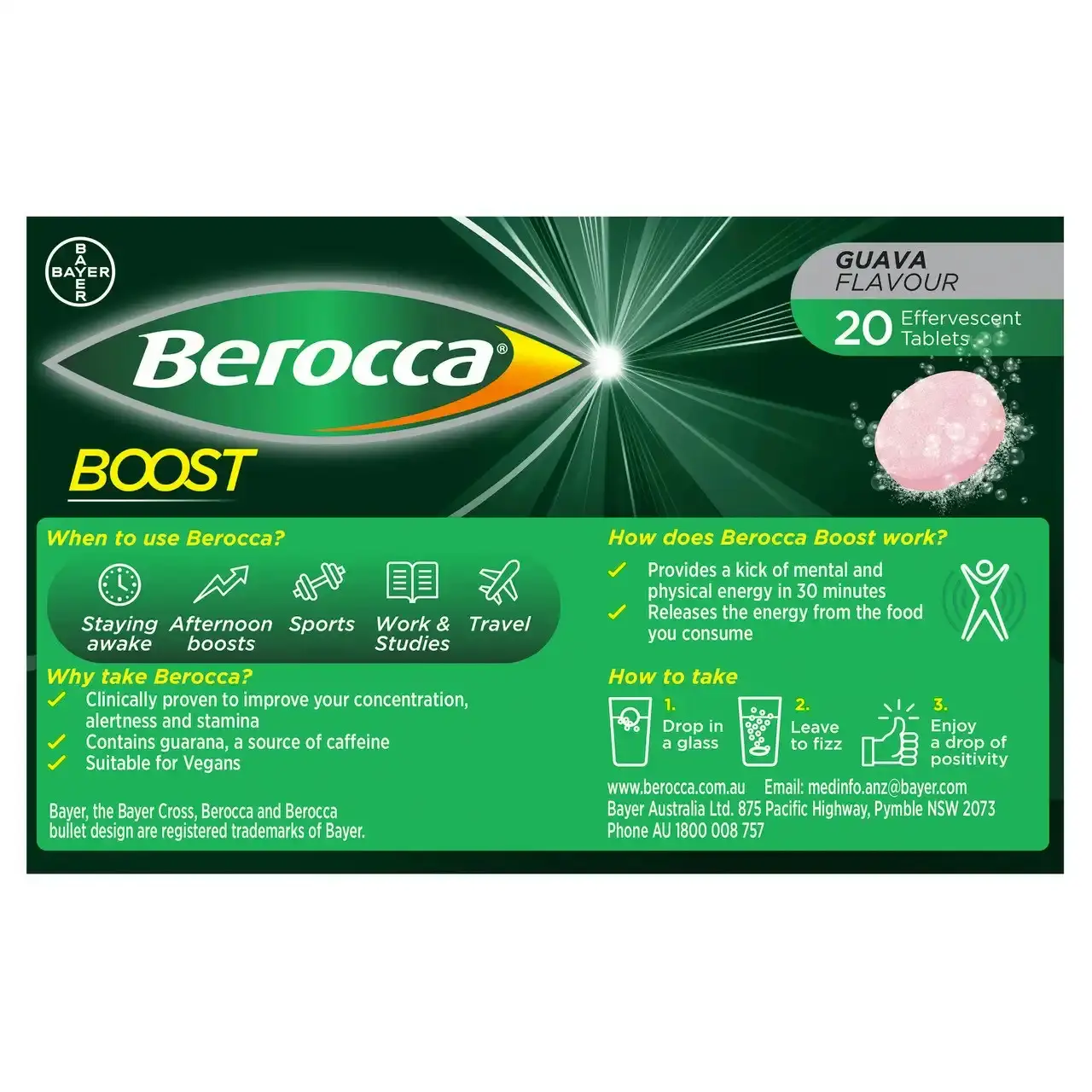 Berocca Boost Vitamin B & C Guava Flavour With Guarana Energy Effervescent Tablets 20 Pack