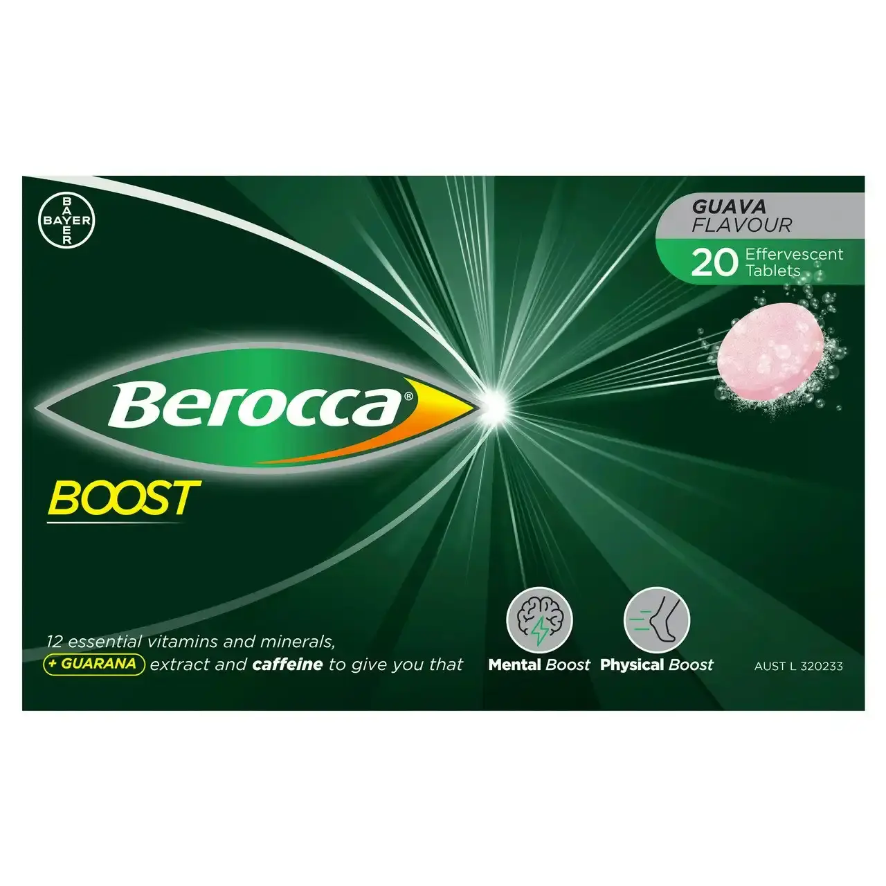 Berocca Boost Vitamin B & C Guava Flavour With Guarana Energy Effervescent Tablets 20 Pack