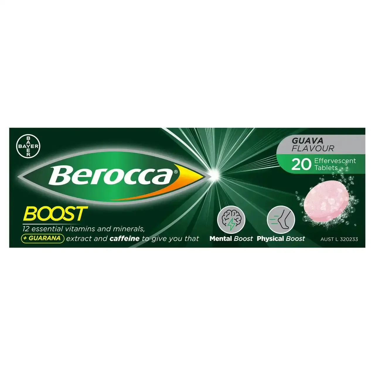 Berocca Boost Vitamin B & C Guava Flavour With Guarana Energy Effervescent Tablets 20 Pack