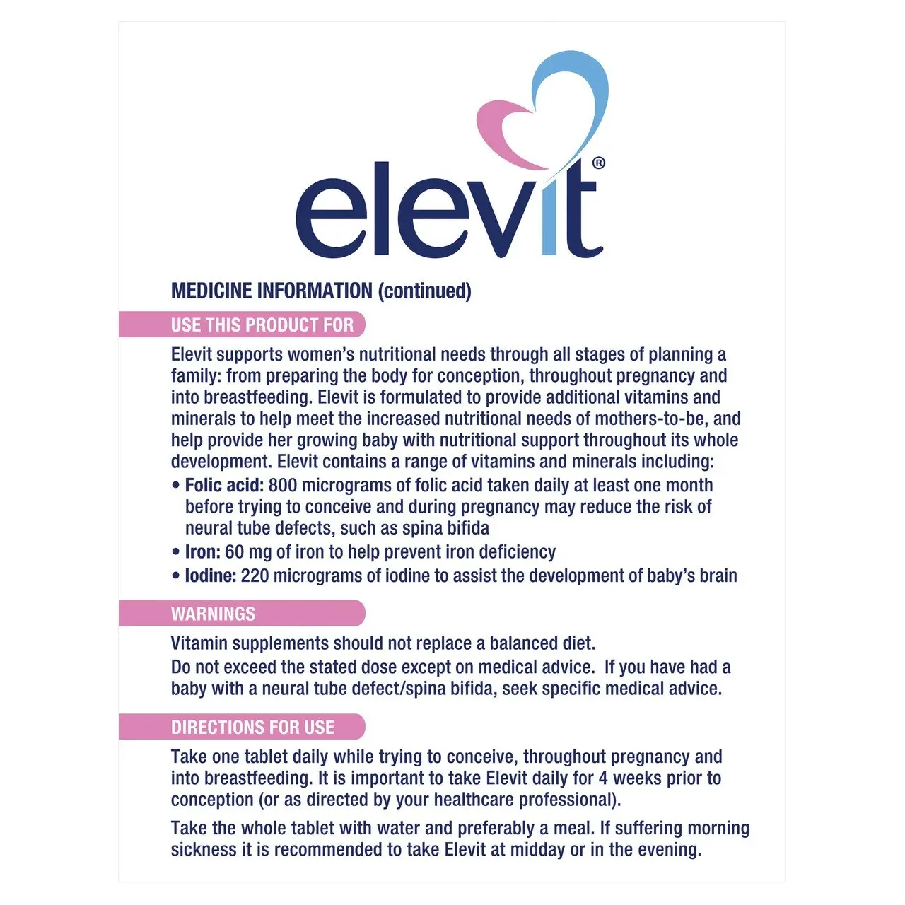 Elevit Pre-conception and Pregnancy Multivitamin Tablets 100 pack (100 days)