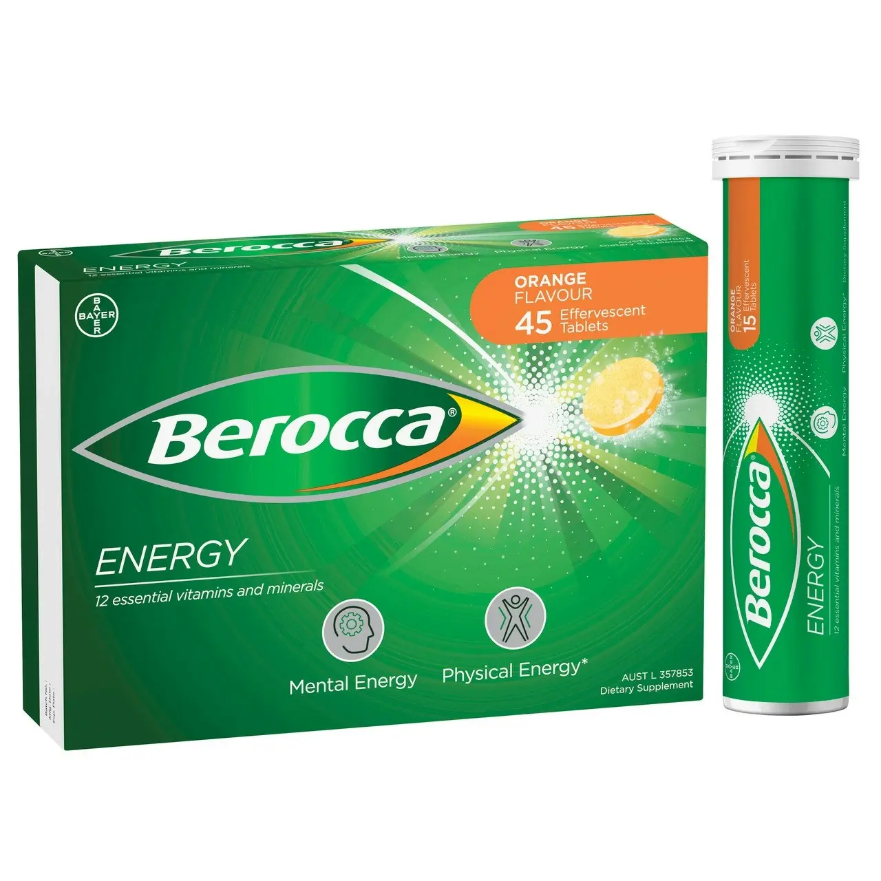 Berocca Energy Vitamin B & C Orange Flavour Effervescent Tablets 45 Pack