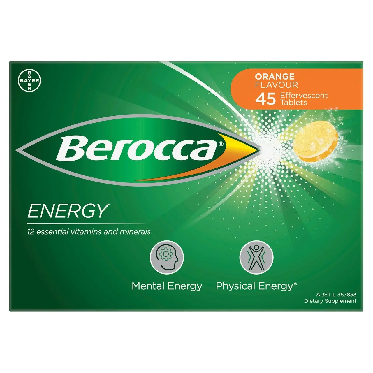 Berocca Energy Vitamin B & C Orange Flavour Effervescent Tablets 45 Pack