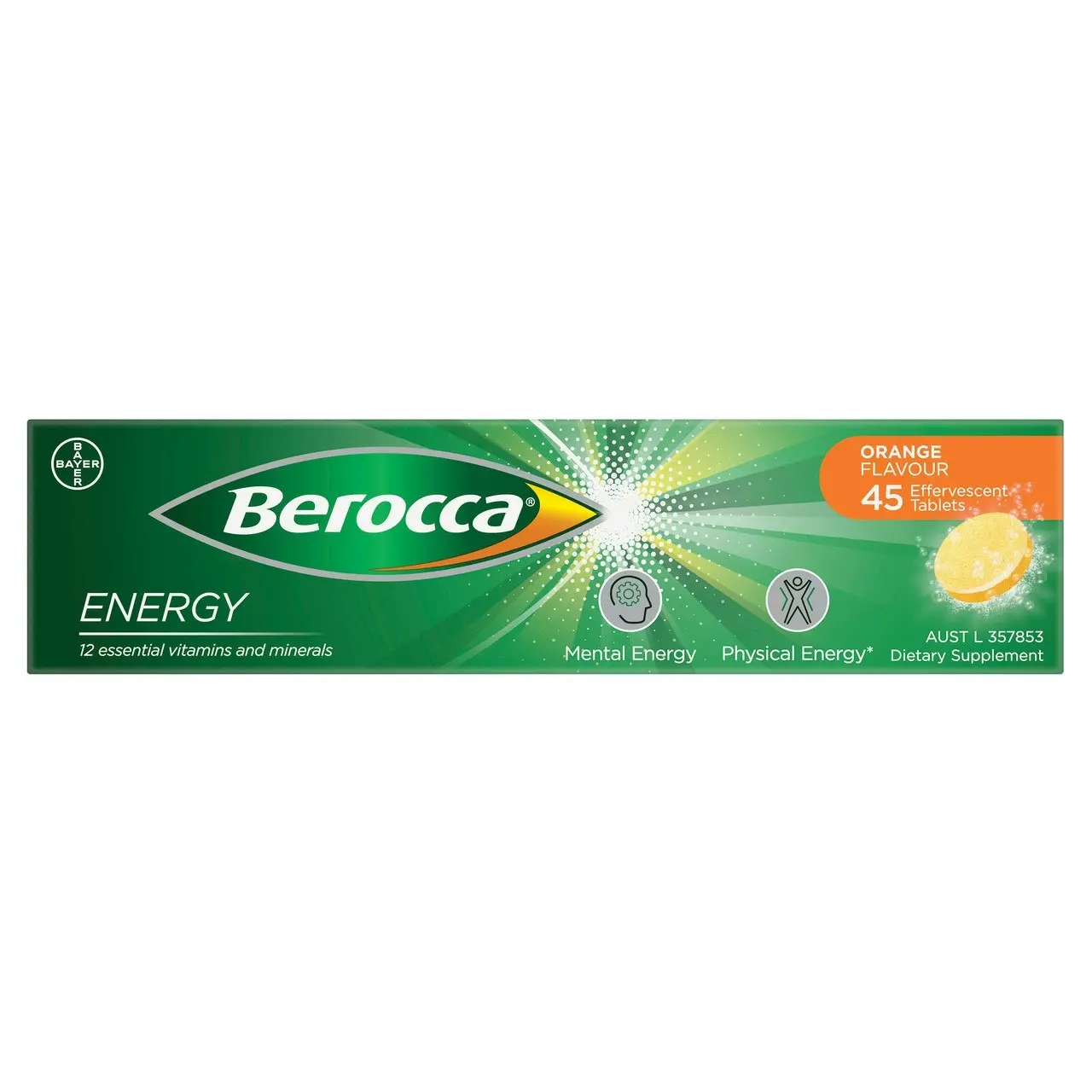 Berocca Energy Vitamin B & C Orange Flavour Effervescent Tablets 45 Pack