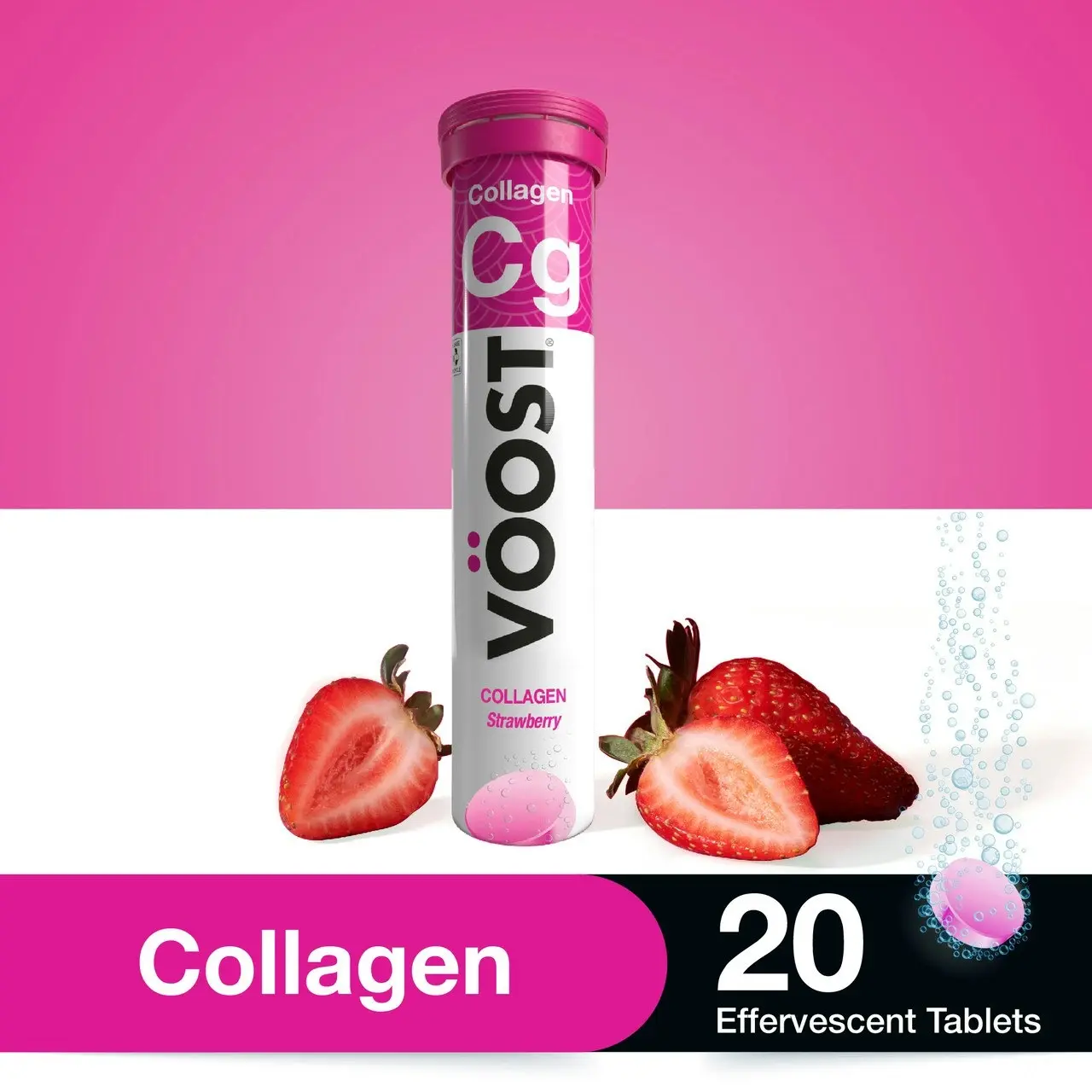 Voost Collagen Strawberry Effervescent Vitamin Supplement to helps support skin hydration 20 Tablets