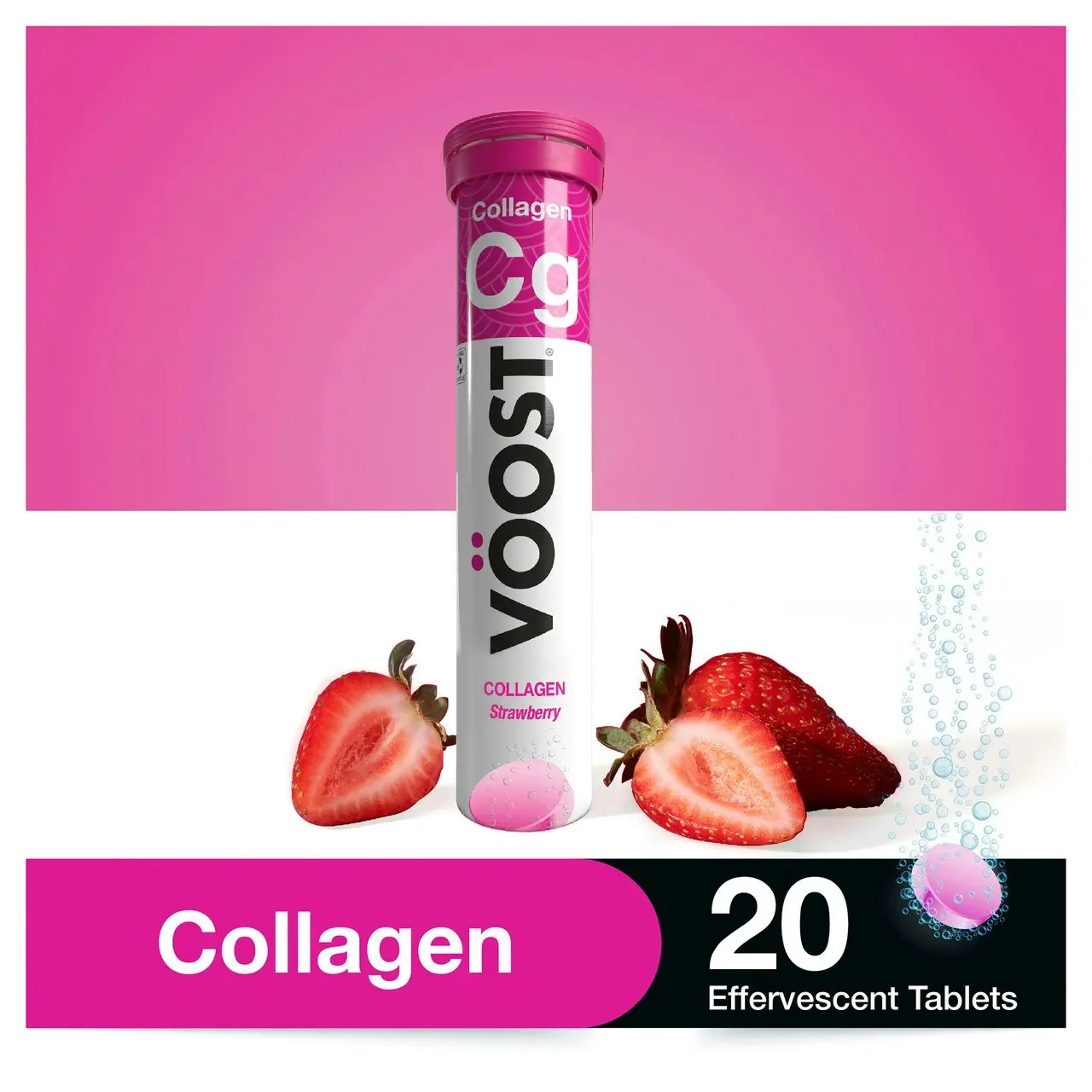 Voost Collagen Strawberry Effervescent Vitamin Supplement to helps support skin hydration 20 Tablets