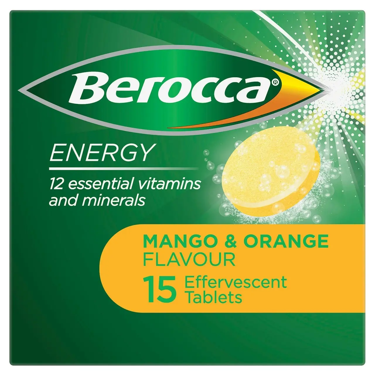 Berocca Energy Vitamin B & C Mango & Orange Flavour Effervescent Tablets 15 Pack