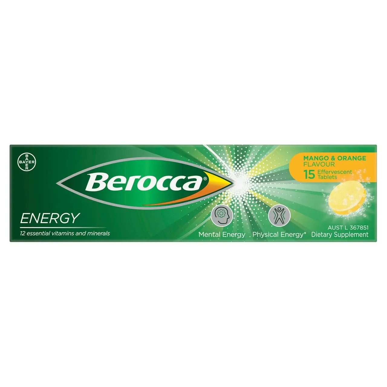 Berocca Energy Vitamin B & C Mango & Orange Flavour Effervescent Tablets 15 Pack