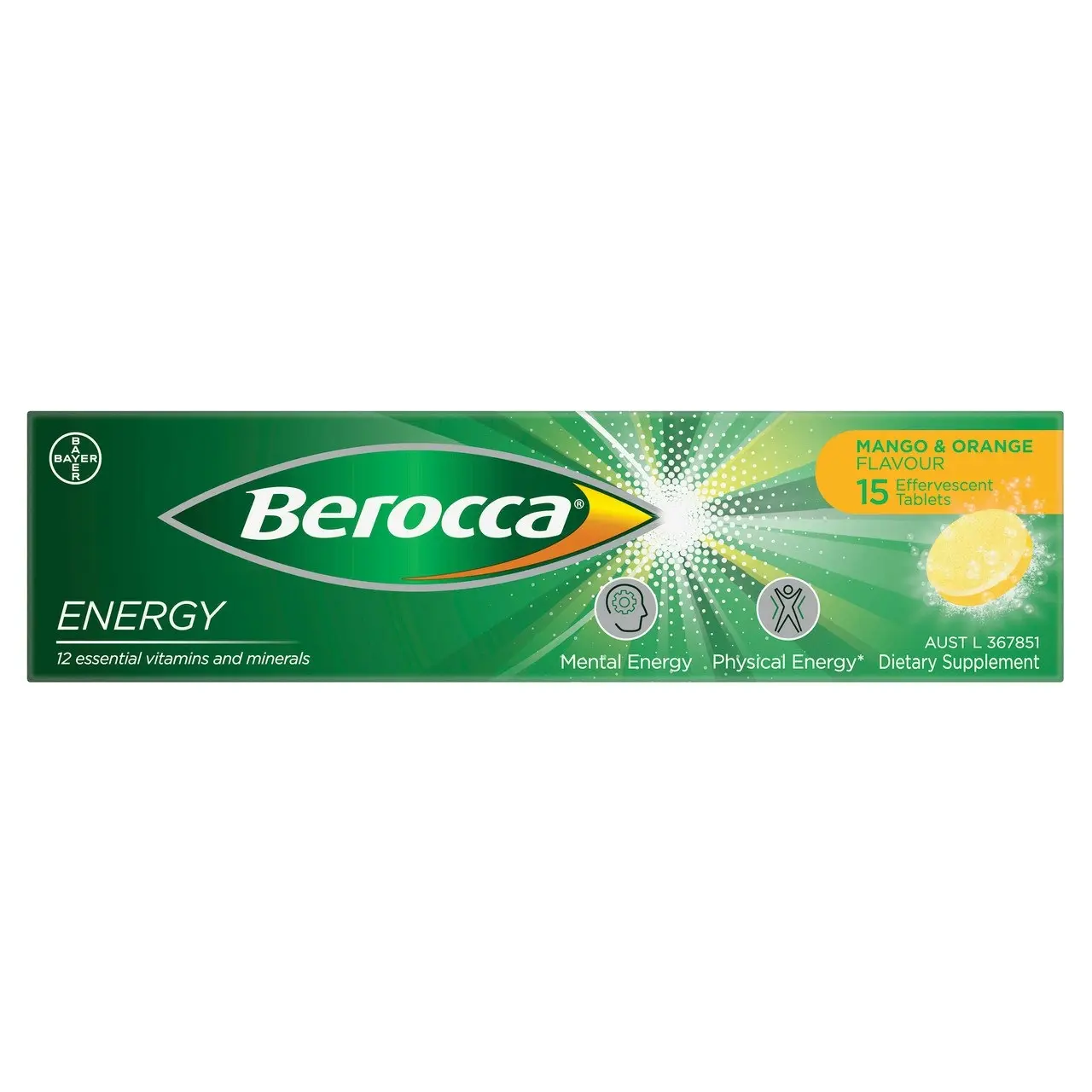 Berocca Energy Vitamin B & C Mango & Orange Flavour Effervescent Tablets 15 Pack