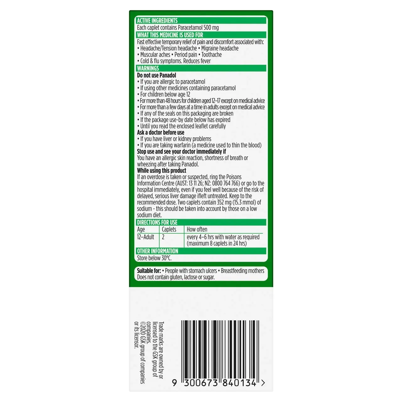 Panadol Rapid for Pain Relief, Paracetamol - 500mg 20 Caplets